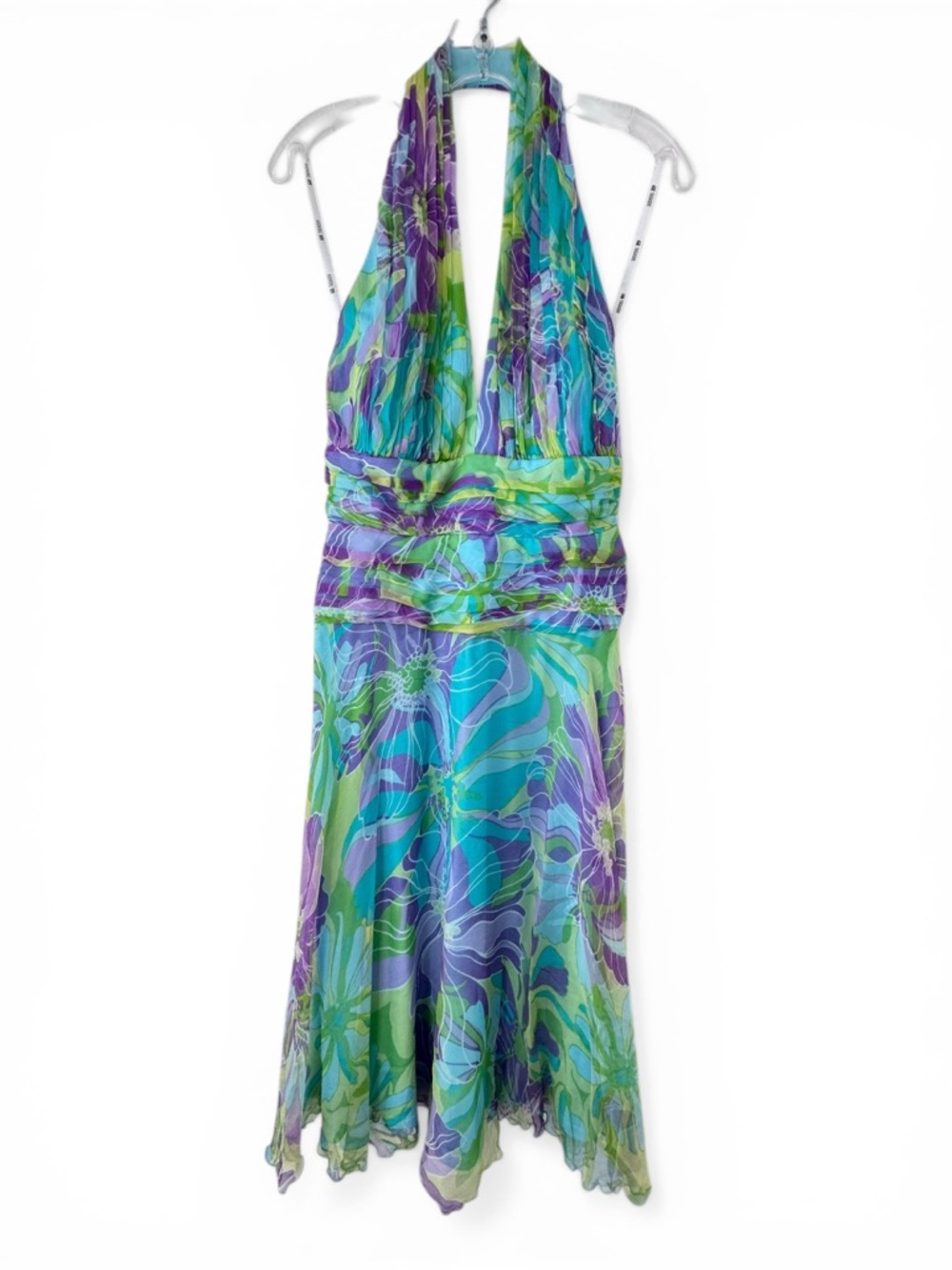 Tadashi Silk Dress Aqua Backless Summer Party Midi Halter Flare Small